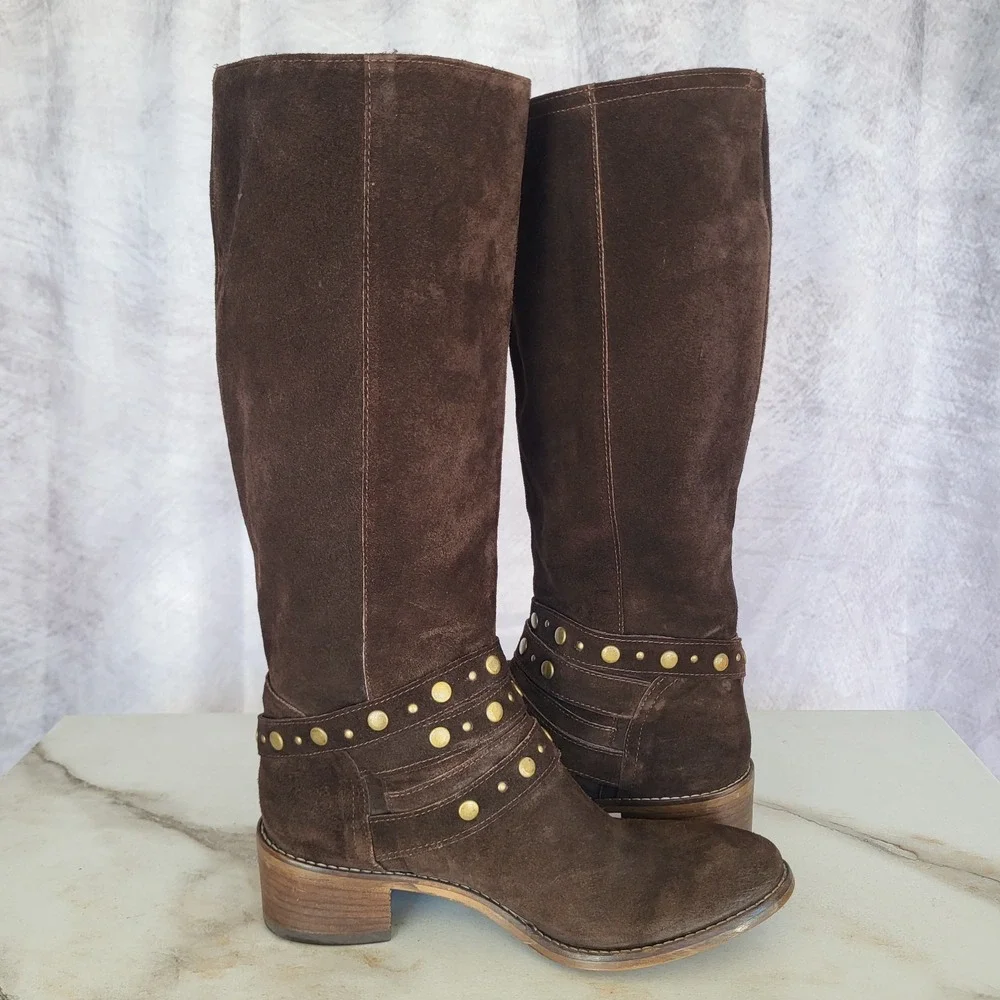 Barneys New York Suede Boots Knee High Biker Women's 36 Studded Buckle